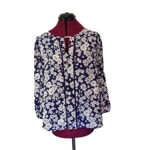 Collective Concepts Women’s Blouse Medium Blue White Floral Print Keyhole Neck